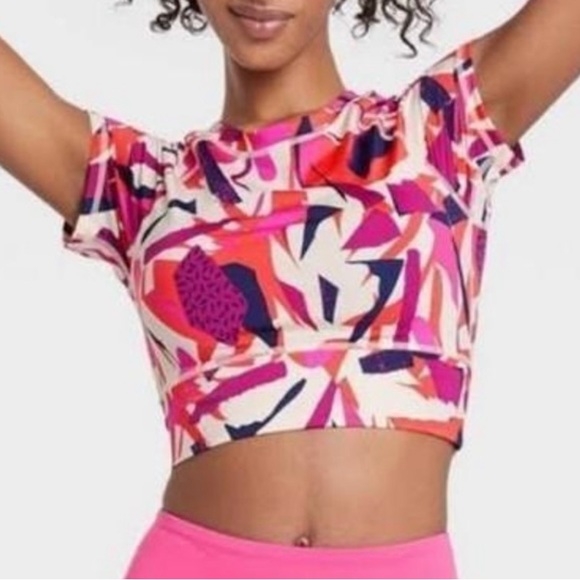 J. Dow Fitness Pink Geometric Artwork Workout Stretch Crop Top - Picture 1 of 2